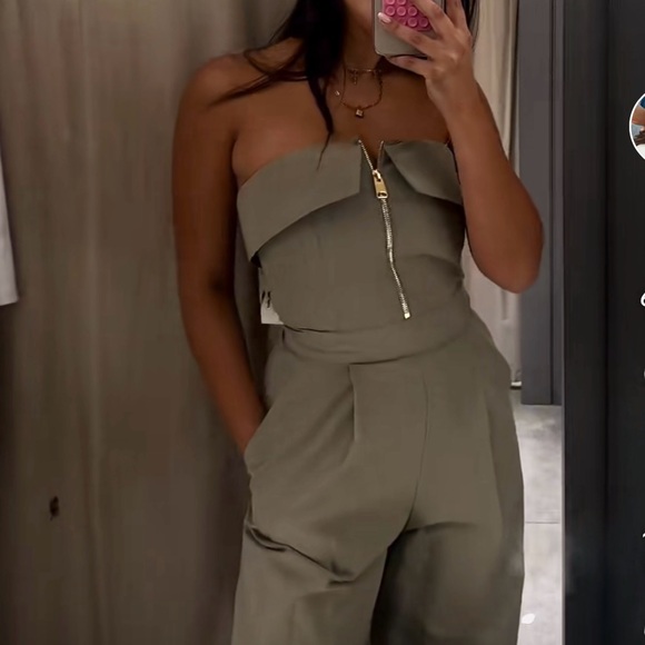 Zara NWT pale olive green zipper front foldover strapless bandeau tube jumpsuit - Picture 11 of 17